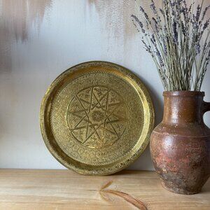 Vintage Engraved Indian Brass Tray with Floral and star pattern